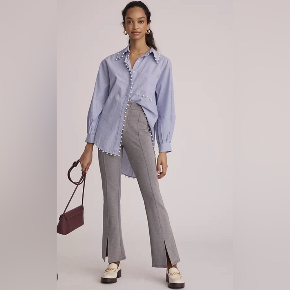 NWT Maeve by Anthropologie Seamed Flare Pants Ankle Slit Gray Knit Tweed Sz 2